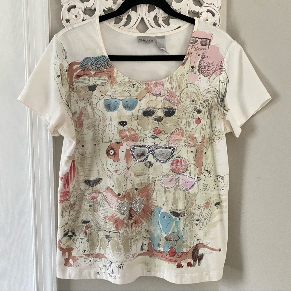 Chico's Vintage Novelty Dog Print Embellished Top Sz 2 Whimsical 90s Y2K VTG